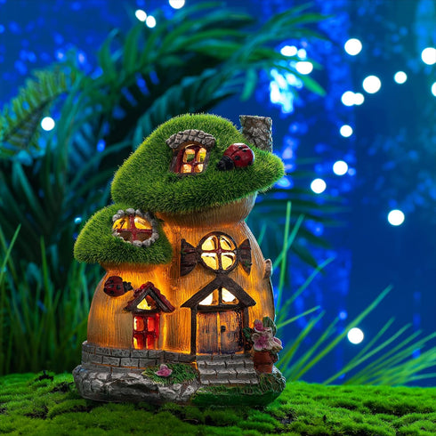 TERESA'S COLLECTIONS Mushroom Garden Statues with Outdoor Solar Light for Garden Decor, Green Flocked Decorations Resin