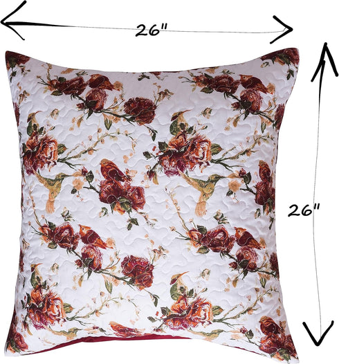 Tache Floral Red White Euro Sham, 26 inch Quilted 1pc Rose Garden Hummingbirds Microfiber Square Pillow Cover