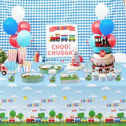 APOWBLS 2nd 24 Chugga Chugga Two Two Birthday Party Supplies, Paper Plate, Cup, Napkin, Disposable Cutlery, Tablecloth