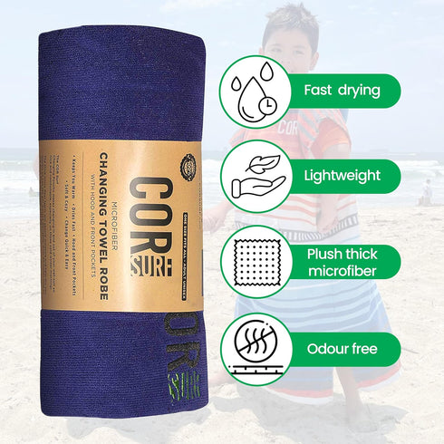 3-8 COR Surf Poncho Changing Towel Robe with Hood and Front Pocket for Kids, Doubles Up As Beach Towel and Blanket