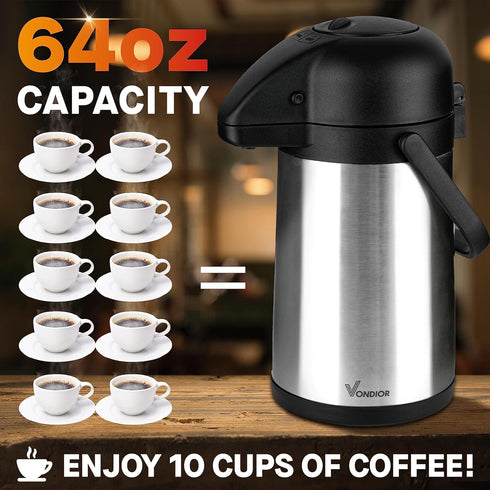 64 Oz Airpot Coffee Dispenser with Pump, Insulated Thermal Carafe, Stainless Steel Hot Beverage Dispenser