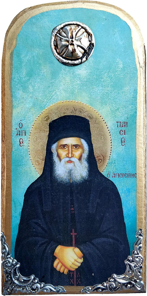 Wooden Greek Christian Orthodox Wood Icon of Saint Paisios