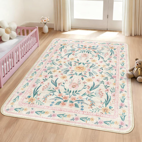 Pink Boho Rug 5x8 with Rounded Corners Washable Floral Pastel Non-Slip Area