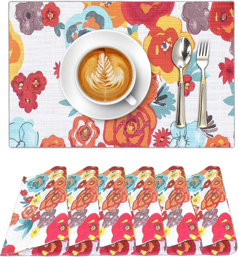 Ruvanti Placemats Set of 6, 100% Cotton 13x19 Inch, Modern Dining Table Decor, Kitchen & Table Linens, Multi Flower