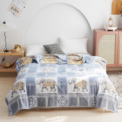 MEJU Summer 100% 2 80 90 Elephant Check Geometric Muslin Lightweight Blanket for Bed Sofa Couch, Combed Cotton Layer