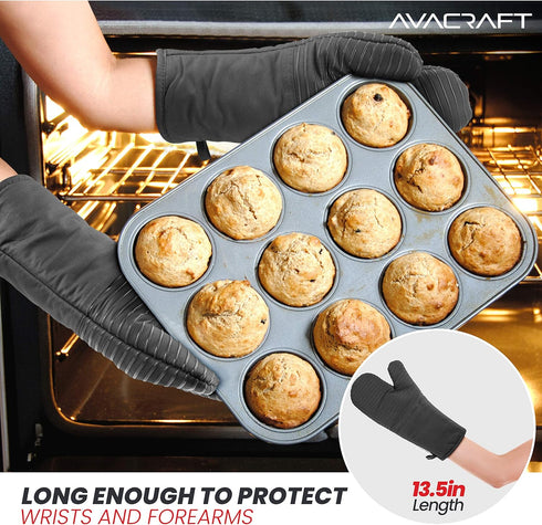 AVACRAFT Oven Mitts Pair, Flexible 100% Cotton with Heat Resistant Silicone, Thick Terry Cloth Interior, 500°F (Grey)