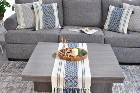 14 72 Inches, Boho Table Runner with Tassel x Blue & Cream, Woven Washable Dresser Scarf and Topper for Bedroom