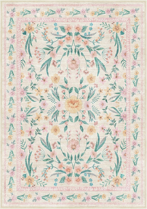 5x7 Pink Floral Nursery Rug,Pink Rugs for Bedroom Girls,Machine Washable Non Slip Soft Faux Wool Carpet,Cute Boho