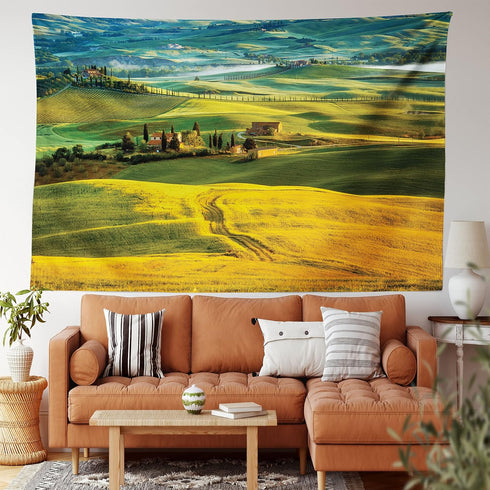 Lunarable Tuscan Tapestry, Idyllic Landscape of Tuscany Road and Cypresses to Medieval Farmhouse Image, Fabric Wall Hanging Decor for Bedroom Living Room Dorm, 45" X 30", Mustard and Green