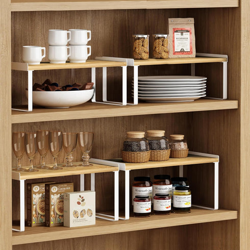 Large Kitchen Cabinet Organizer Shelf Set of 4 - White Stackable Countertop Organizer for Spices, Plates (Bamboo Wood)