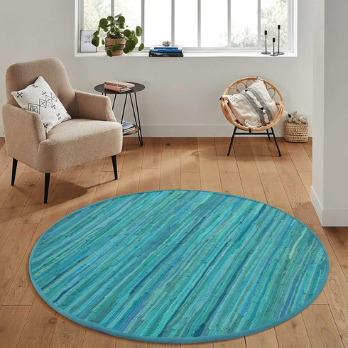 THE BEER VALLEY Hand Woven Area Rug - 4' Round Teal, Farmhouse Green Rugs for Bedroom, Bathroom, Living Room