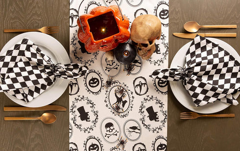 DII Halloween Party Tabletop Decor, Reusable Cotton Fabric Table Runner, 14x72, Spooky Portraits, Machine Washable