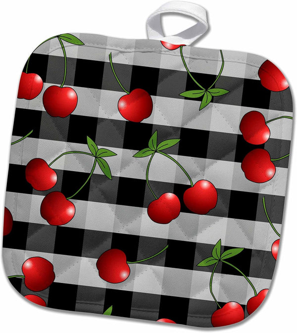 3D Rose Print Juicy Red Cherries on Black Check Pot Holder, 8" x 8"