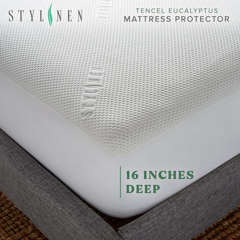 16 inch STYLINEN King Tencel Eucalyptus Mattress Protector - Waterproof Breathable Cooling Cover Protects Against