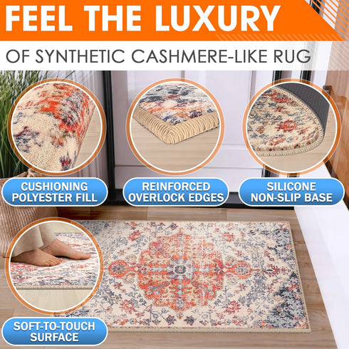 Washable Kitchen Rug, Easy Cleaning Non-Slip Carpet, Vintage Soft Surface, Durable Pet-Friendly Mat, Small 2x3