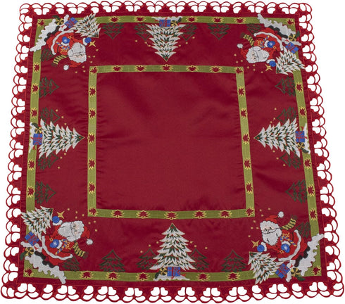 Embroidered Christmas Holiday Santa Claus and Christmas Trees Doily Table Topper, 33 Inches Square, Red