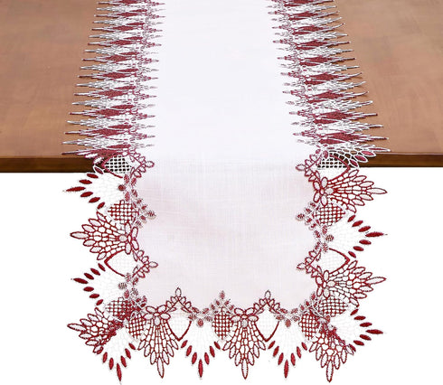 White Dark Red Jacquard Lace Table Runner 60 inches Long, Claret Dresser