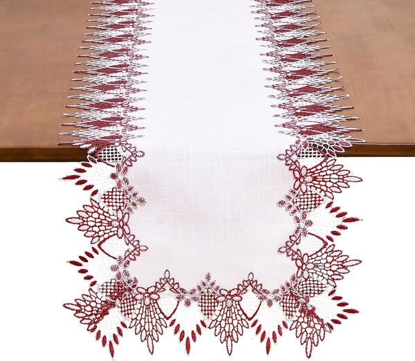 White Dark Red Jacquard Lace Table Runner 60 inches Long, Claret Dresser