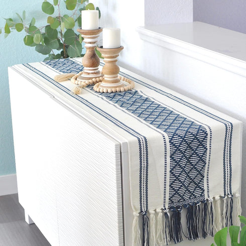 14 72 Inches, Boho Table Runner with Tassel x Blue & Cream, Woven Washable Dresser Scarf and Topper for Bedroom