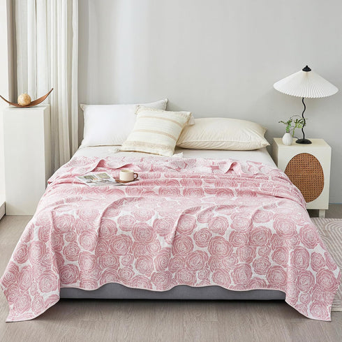 MEJU 100% 3 80 90 Modern Big Flower Rose Pink Muslin All Season Blanket for Bed Sofa Couch Combed Cotton Layer Soft