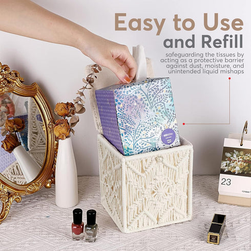 Tissue Box Cover Square Woven Macrame, Boho Decor Tissues Holder with Bead Buckle for Home, Bathroom, Office