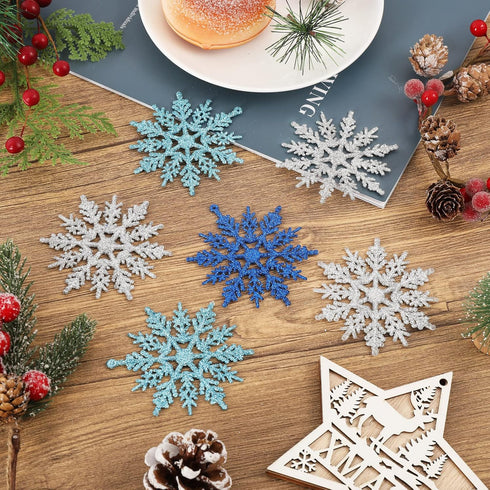 Whaline 45Pcs Winter Snowflake Hanging Ornaments - Glitter Blue Silver Pendants for Christmas Tree Decor