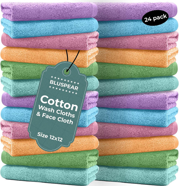 12 x 12 Inches Assorted Color (Light) Wash Cloths Bulk, 24 Pack