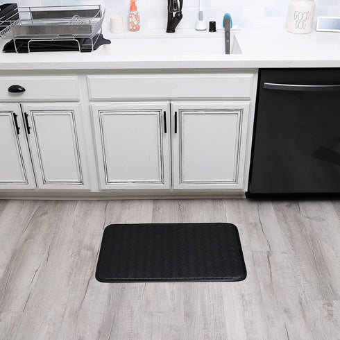 Anti-Fatigue Kitchen Faux Leather Non-Skid Cushioned Comfort Mat, 18" x 30", Diamond Black/Black