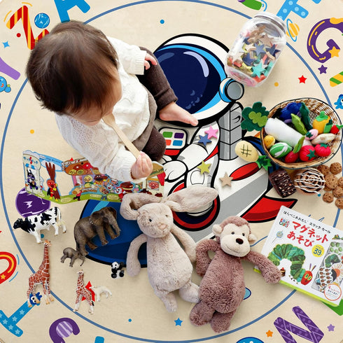 4ft, ABC Kids Alphabet Round Rug Washable Soft Circle Nursery Rug, Non-Slip Educational Carpet with Space Astronaut