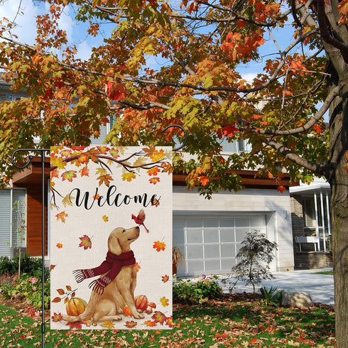 Welcome Fall Garden Flag 12 x 18 Inch Double Sided Burlap, Golden Retriever Dog Cardinal Yard Flags for Seasonal Thanksgiving Farmhouse Decoration(ONLY FLAG)