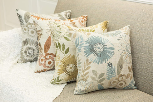 Pack of 2 Decorative Throw Pillow Cases Cushion Cover for Sofa Couch Bed, Sunflower Pattern, 20x20 Inches, Blue Cream