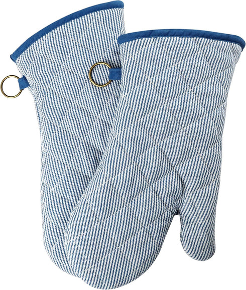 1 Pair Yarn Dyed Oven Mitts, 100% Cotton Heat Resistant 470 Degree Gloves for Cooking & Baking (Blue)