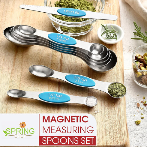 Spring Chef Stainless Steel Magnetic Measuring Spoons Set of 8 with Leveler, Nesting Teaspoon & Tablespoon for Baking &