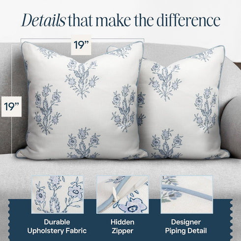 19" 19" Jillien Harbor The Mary Blue and White Decorative Throw Pillow Cover Floral Block Print Pillow Cover