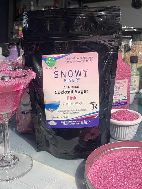 Rimmer Rimming 8oz Snowy River Pink, Cocktail & Margarita Sugar - Vibrant Color Glass Sugar with Medium Crystal Texture