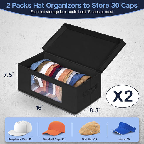SLEEPING LAMB Stackable Hat Organizer, 2 PCS Hat Storage Boxes for Closet, Holds 30 Caps with Cardboard, Black