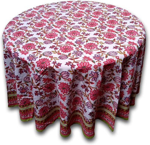 Floral Tablecloth for Round Tables, Pink Red Green White Cotton, 90 inches