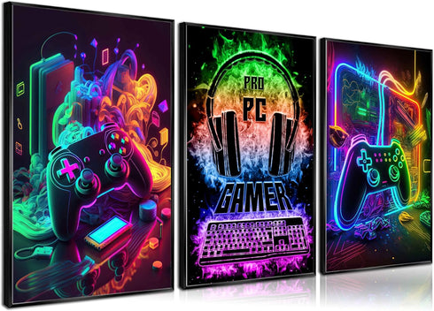 NBYARTQ 3Pcs Cool Gaming Wall Art - Retro Video Gamer Watercolor Posters, Colorful Neon Canvas Prints for Boys Room