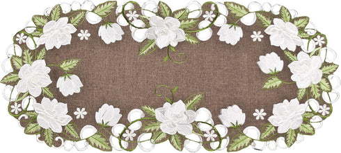 Beautiful White Magnolia Floral Design Table Runner with Green Leaves, Embroidered Cutwork Edges
