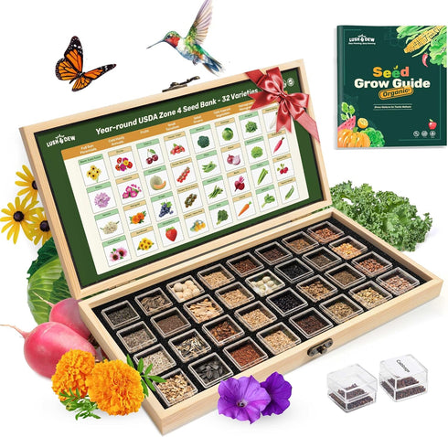 Lush&Dew Year-Round USDA Zone 4 Seed Bank, 32 Varieties Non-GMO Heirloom Seeds