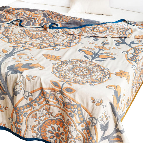 MEJU Round Flower Branch Boho Mandala Muslin All Season Throw Blanket for Bed