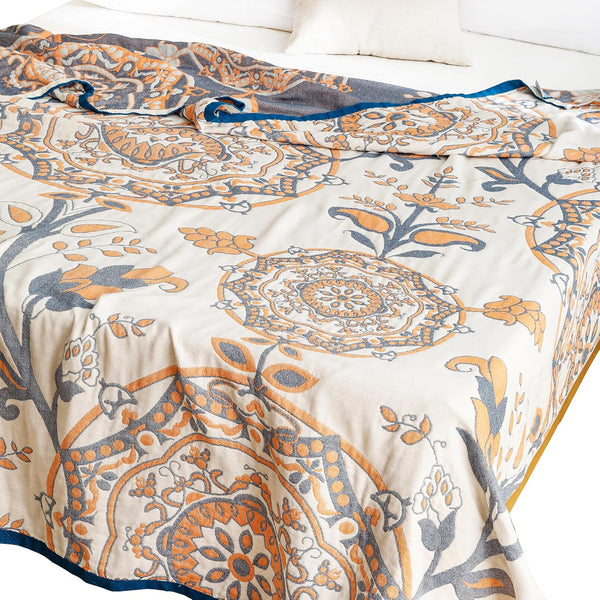 MEJU Round Flower Branch Boho Mandala Muslin All Season Throw Blanket for Bed