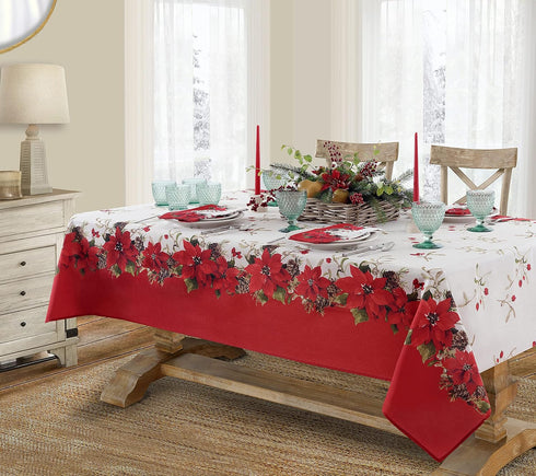Newbridge Christmas Blooming Poinsettia’s Double Bordered 70 Inch Long Table Runner, Holiday Red and White Poinsettia