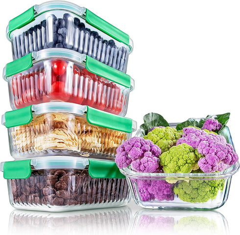 NutriChef 5-Piece Reusable Glass Meal Prep Containers, 30 oz Stackable Kitchen Storage with 4-Side Locking Plastic