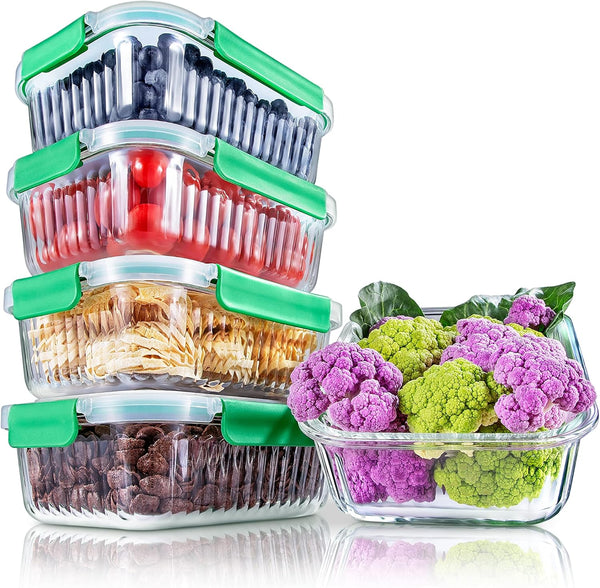 NutriChef 5-Piece Reusable Glass Meal Prep Containers, 30 oz Stackable Kitchen Storage with 4-Side Locking Plastic