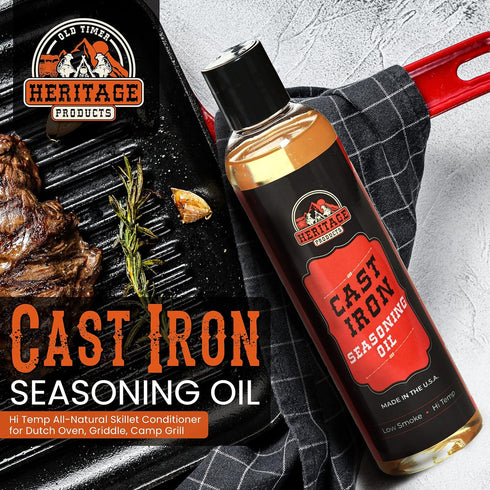Heritage Products Cast Iron Seasoning Oil, Low-Smoke Hi Temp All-Natural Skillet Conditioner for Dutch Oven, Griddle