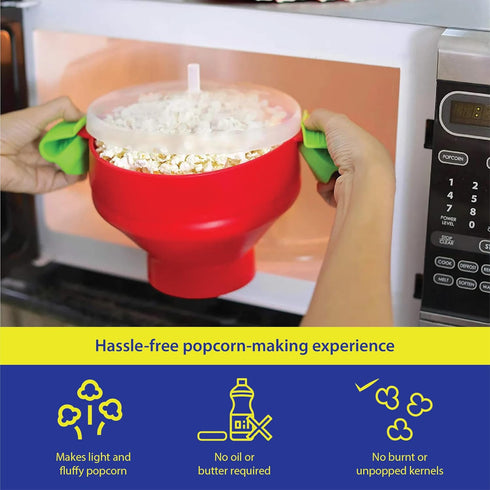 Microwave Popcorn Popper with Lids, Silicone, No Oil or Butter Required, Collapsible Bowls, BPA-Free Container, Red