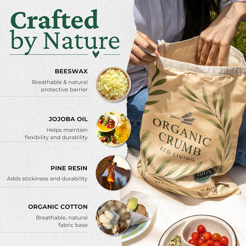 Organic Crumb (5 1) 2 Reusable Bread Bags for Homemade Bread in XL Cotton Beeswax Bags, Reusable Beeswax Wrap, Bowl