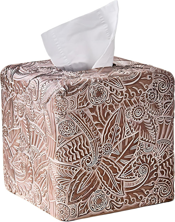 Polytree Tropical Leaves Vintage Wood Carved Square Tissue Box Cover Decorative,Tissue Box Holder,