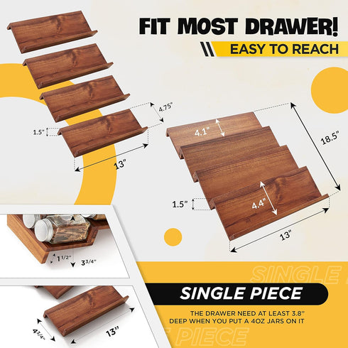 Wood Spice Drawer Organizer - Acacia Wooden Tray for Cabinet Storage, 4 Tier Spice Rack Organizer for 32 Jars (Pack of